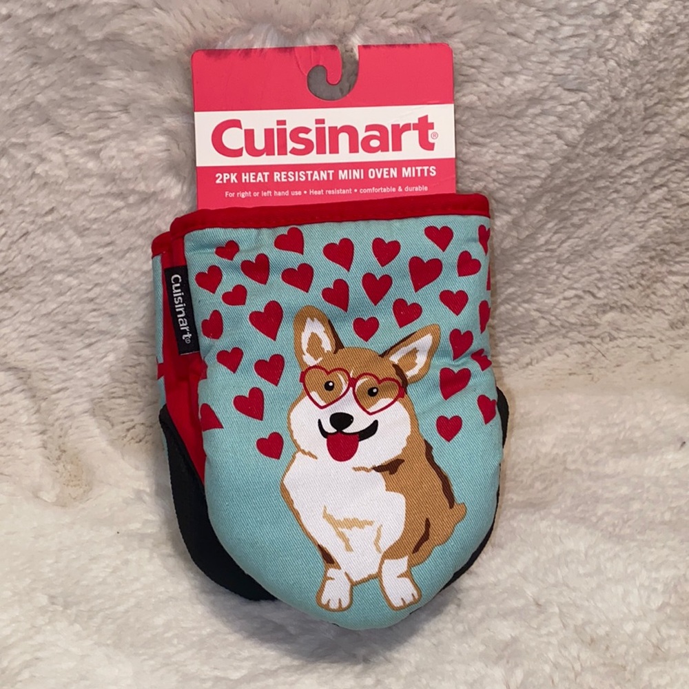 Cuisinart Corgi Valentine’s Day Mini oven mitt set, hearts, corgi love, kitchen